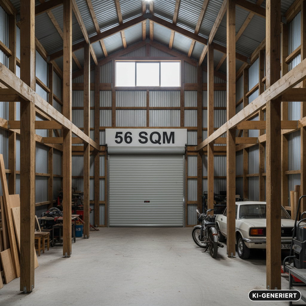 KI-generiert: Eine hohe Lagerhalle mit Holzkonstruktion, einem geschlossenen Rolltor mit der Aufschrift „56 SQM“ und einem geparkten Oldtimer sowie einem Motorrad.